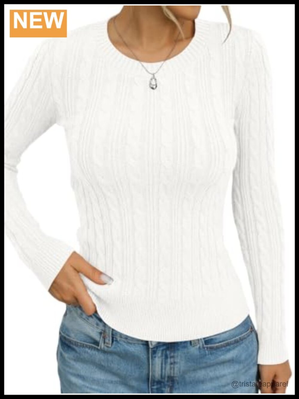 Fitted Chunky Cable Knit Crew Neck Long Sleeve Pullover Sweater